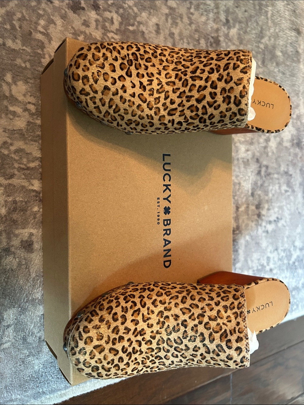 Lucky Brand Leopard-Print Slide Mules in Tan and Black